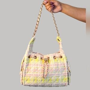 Chic Pastel Tweed Shoulder Bag in Pink & Yellow